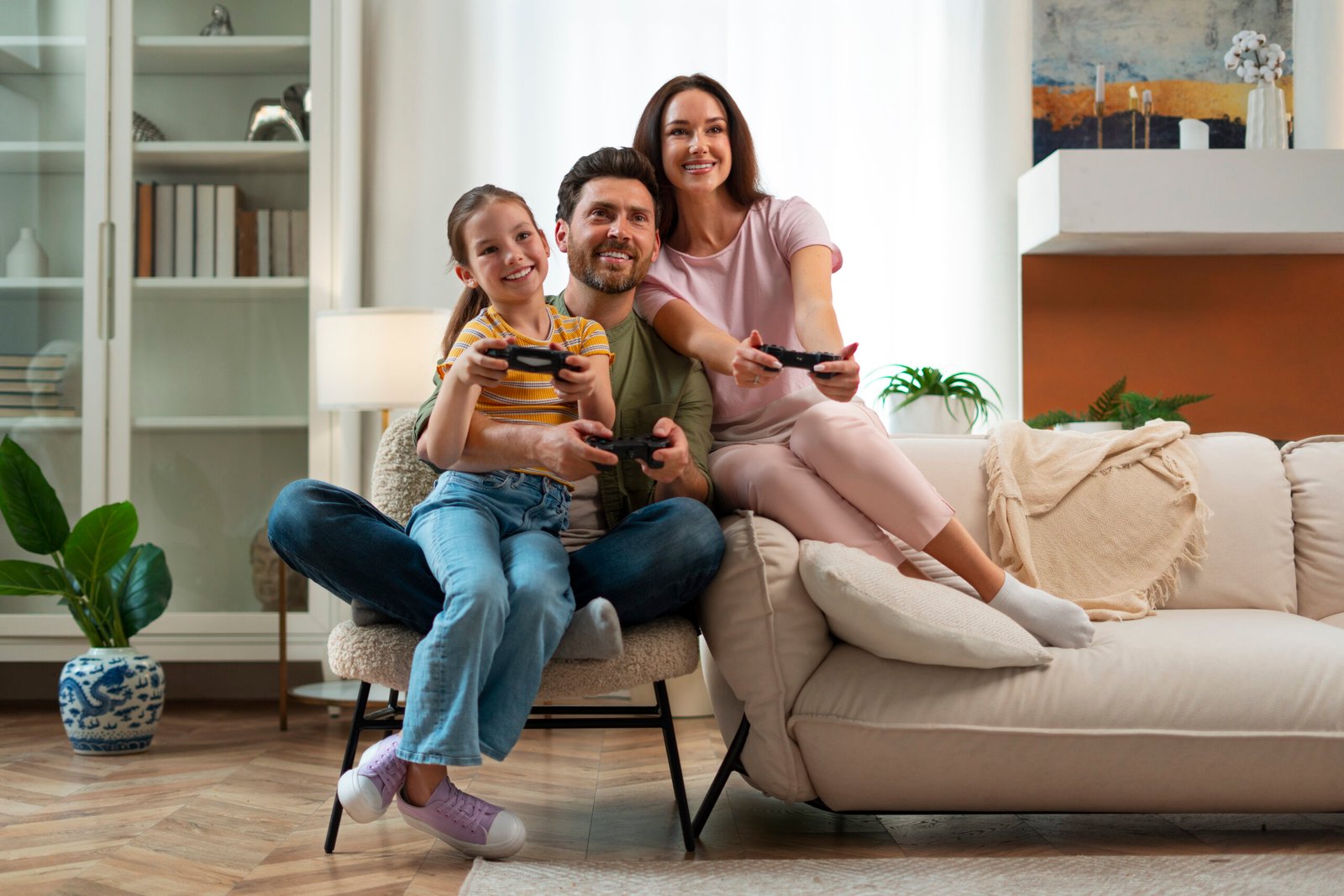 vista frontal familia jugando videojuegos